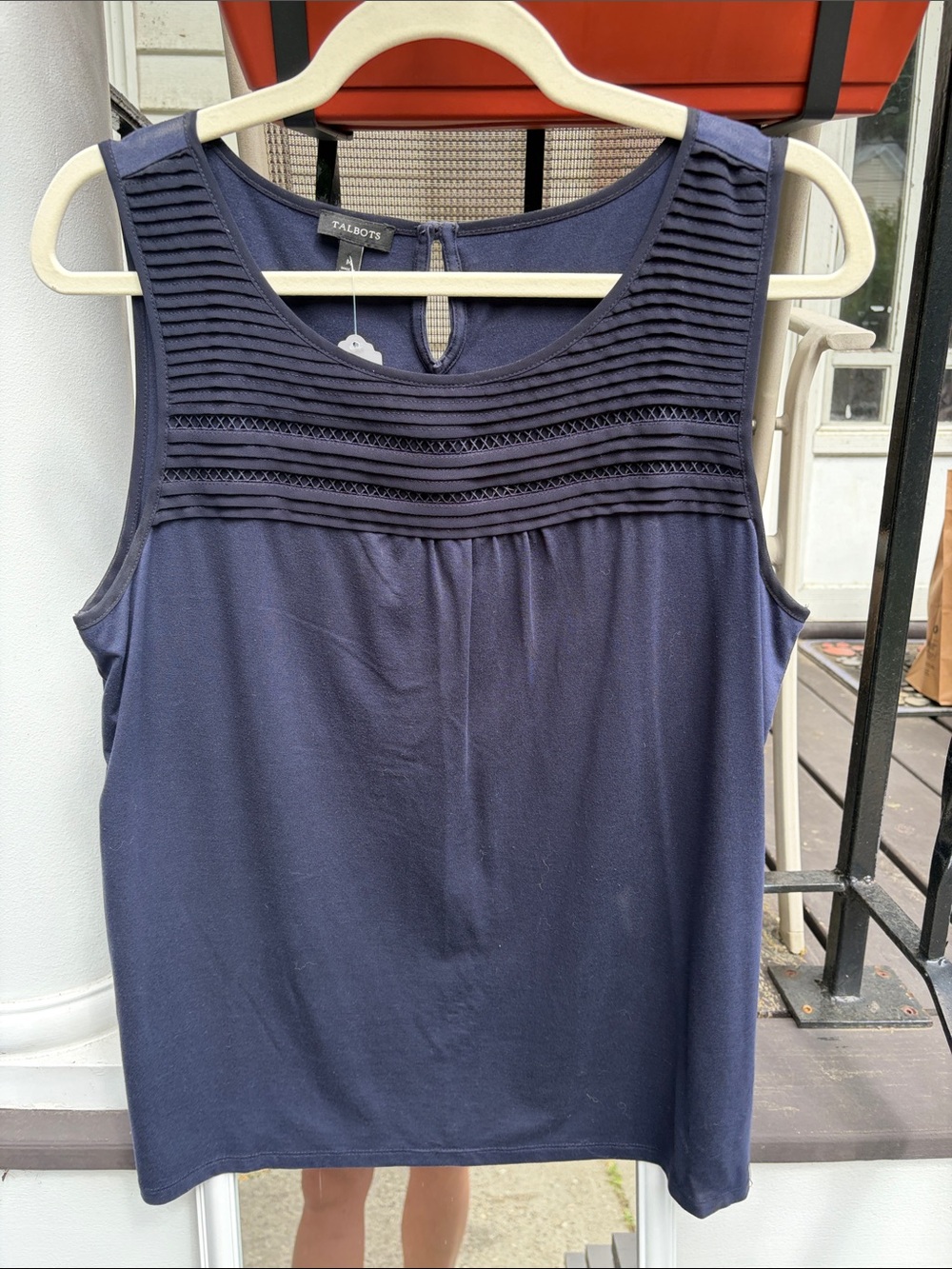 Talbots Navy Sleeveless Pintuck Ladder Lace Yoke Tank